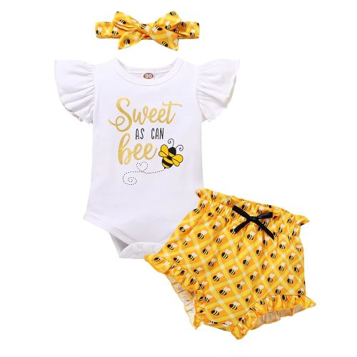YOUNGER TREE Infant Baby Girl 1st Birthday Outfits Bumble Bee Printed One Romper Shorts Headband Summer Ruffle Sleeve Clothes