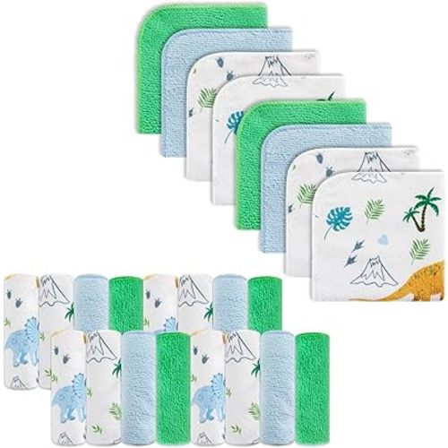 Baby Washcloths, 24Pack Baby Washcloth Extra Soft & Ultra Absorbent, for Unisex Boys Girls Body, Washclothes Gentle on Sensitive Skin, 9x9 Dinosaurs Trees