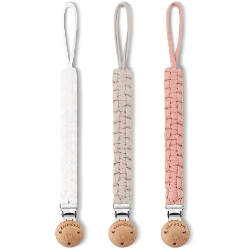 Pacifier Clip for Girl 9.2 Inch Pacifier Leashes woodern Clips Teething Toy with Handmade Braided Cotton Modern Unisex Baby Shower Birthdays Christmas Set (3 Pack Grils)