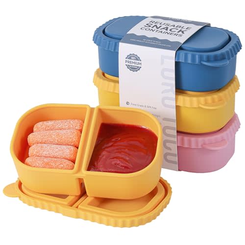 3 Pack Silicone Reusable Snack Containers with Lids - 8 oz Double Compartment Snackle Box for Kids & Adults, BPA-Free & Leakproof, Small for Dressing, Snacks, School, Office, Picnic