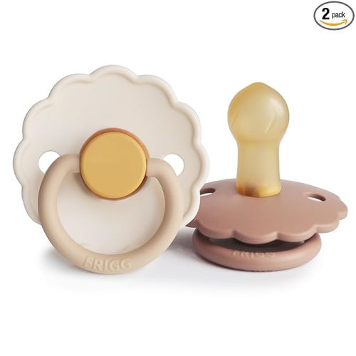 FRIGG Daisy Natural Rubber Baby Pacifier | Made in Denmark | BPA-Free (Chamomile/Peach Bronze, 0-6 Months) 2-Pack
