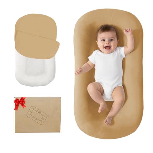 Lucakuins Baby Lounger, Bionic Design Baby Lounger for Newborn 0-24 Months, Soft Organic Cotton Breathable Lounger for Infants (Dark Khaki)