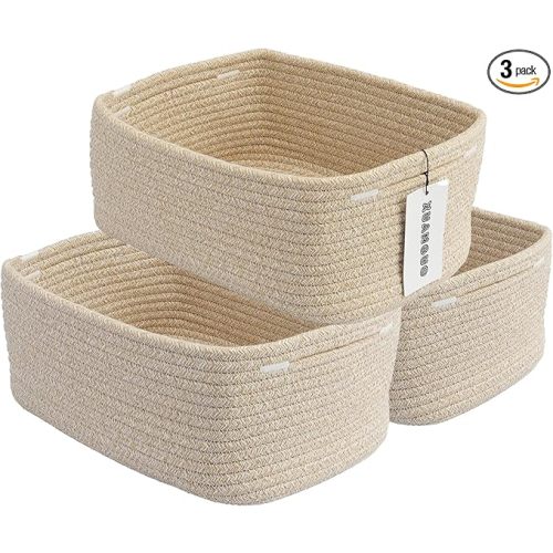 Small Woven Storage Baskets 12“X8”X5“ Decorative Rope Bins for Organizing Shelves, Closets, and Toys, Empty Gift Baskets, Cute Organizer Basket for Home and Office (oatmeal, regular)
