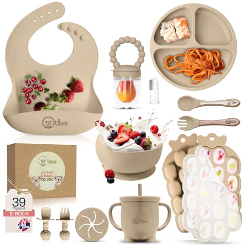 O'doe Baby Weaning Set – 15 Pcs Silicone Baby Feeding Set with Suction Plate, Bowl, Bib, Sippy Cup, Fruit Feeder, Freezer Tray