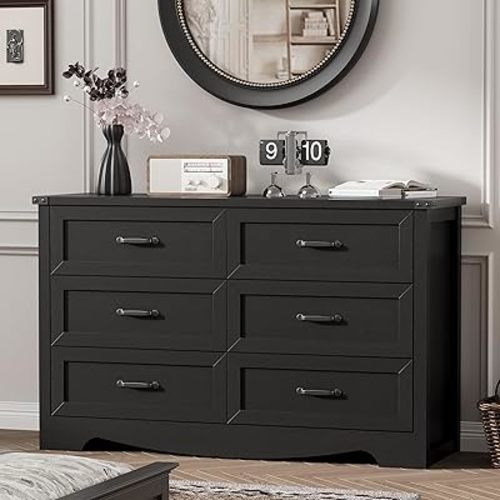 Dresser for Bedroom with 6 Drawers, 48" Wide Wood Chest of Drawers with Deep Drawers & Mental Handle, Modern Dresser TV Stand, Wooden Closet Storage Organizer for Living Room, Hallway, Entryway, Black