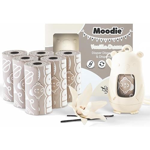 Moodie Disposable Diaper Bags Dispenser COMBO PACK | 105 VANILLA SCENTED Baby Poop Bags TOTAL | Dirty Diaper Trash Bags | Diaper Bags Disposable (VANILLA DREAM)