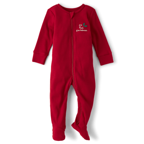 Baby Embroidered First Christmas Snug Fit Thermal Footed One Piece Pajamas - Red