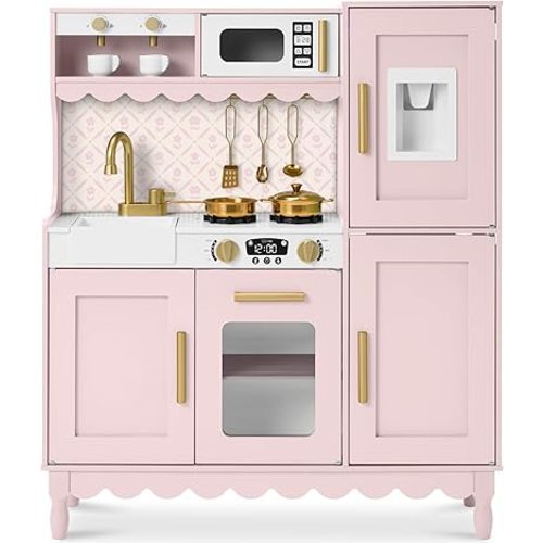 Best Choice Products Play Kitchen for Kids, Cottage Style Kids Kitchen Playset for Toddlers, Pretend Play Toy Kitchen w/ 11Pcs, Espresso Machine, Microwave, Oven, Refrigerator w/Ice - Pink