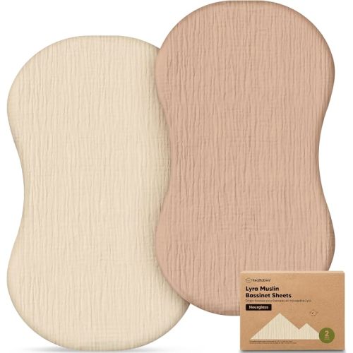 2-Pack Muslin Baby Bassinet Sheets Girls, Boys – 100% Cotton Organic Bassinet Sheets, 30x18 Hourglass Mattress Cover, Universal Fit Compatible with Halo Bassinest Swivel Sleeper Pad (Almond)