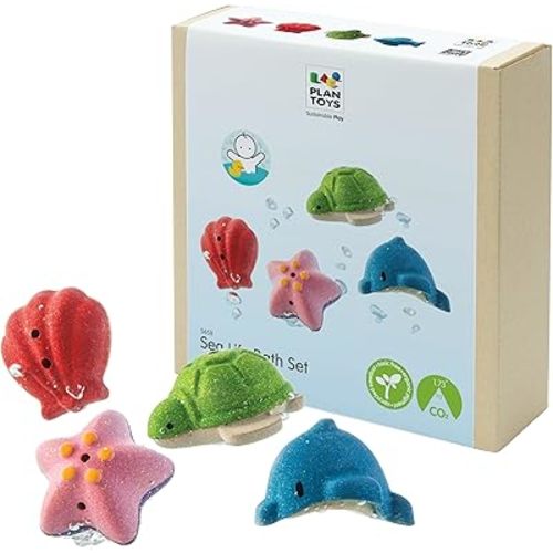 PlanToys® Sea Life Bath Toy Set Wooden Montessori Tactile and Imaginative Water Play Toy | Fine Motor, Sensory Exploration and Cause and Effect Learning | Eco Friendly Ocean Bath Activity