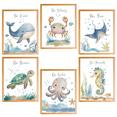 Ocean Nursery Decor,Ocean Nursery Wall Art Set of 6, Under the Sea Nursery Wall Decor Poster Prints for Toddler Kids Boy Girl Room Classroom Bathroom Decor Playroom,8x10 Inches