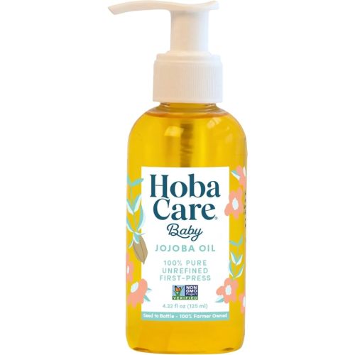 HobaCare Jojoba Baby Oil with Pump Dispenser – 100% Pure Natural Unrefined Unscented Cold-Pressed Jojoba Oil for Baby Hair, Infant Skin, Cradle Care & Body Moisture (4.22 fl oz)