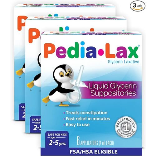 Pedia-Lax Liquid Glycerin Suppositories for Kids Ages 2-5, Gentle Constipation Relief Laxative for Children, 6 Count, Pack of 3