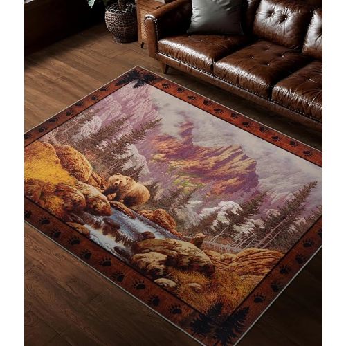 YIHOUSE Rustic Cabin Area Rug for Bedroom 5x7,Machine Washable Woodland Bear Rug,Non-Slip Low Pile Print Pattern Mountain Rug for Living Room