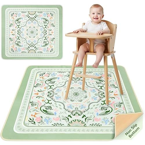 Unicorn Castle Splat Mat for Under High Chair Waterproof Baby Play Splat Mat for Art Crafts Non Slip High Chair Food Catcher Floor Mat for Baby,Green Floral