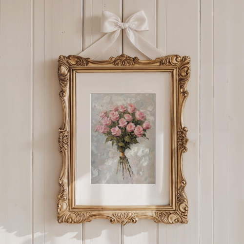 Pink Roses Bouquet Wall Art, Coquette Flower Print, Vintage Pink Poster, Preppy Room Decor, Girly Flower Painting Wall Art Decor For Home Office, 12x18 UNFRAMED