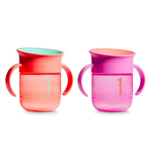 Munchkin 7oz Plastic Miracle Spoutless Spill-Proof Sippy Cups with Handles, Slow Flow - 2pk - Coral/Purple