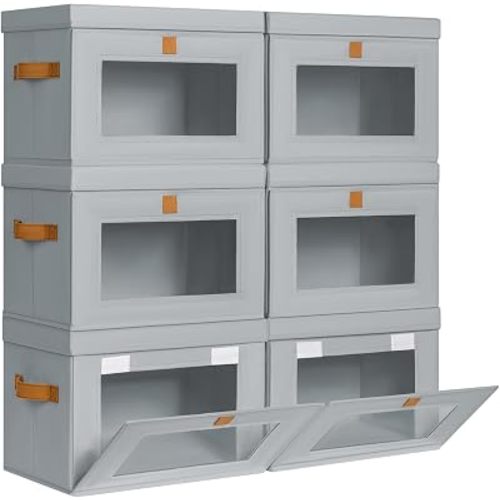 DIMJ Storage Bins with Lids - 6 Pack Front Opening Stackable Fabric Storage Boxes with Clear Window & Handles, Collapsible Closet Organizers for Clothes, Sweaters, Shelf Storage, Bedroom, Gray