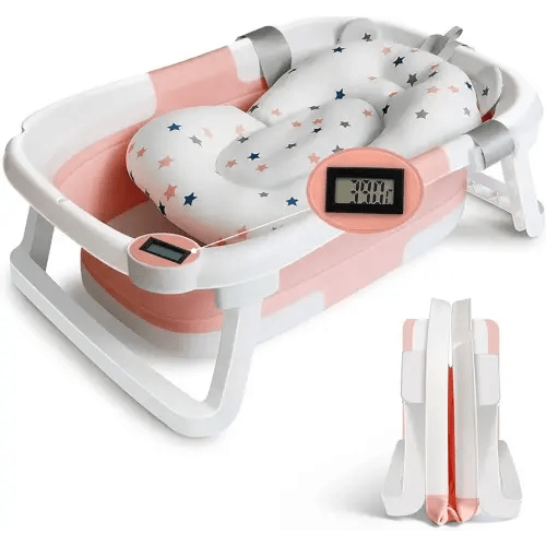 Collapsible Baby Bathtub for Infants to Toddler, Portable Travel Bathtub Multifunctional Bathtub with Drain Hole, Baby Folding Bathtub for Newborn 0-36 Month (Blue+Floating Baby Bath Cushion Pink