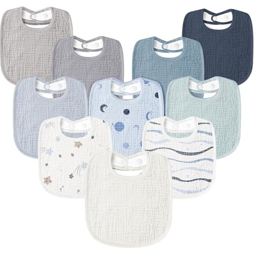 Susurration Muslin Baby Drool Bibs 10Pack Soft Square Adjustable Bandana Bibs for Unisex Baby Girls & Boys