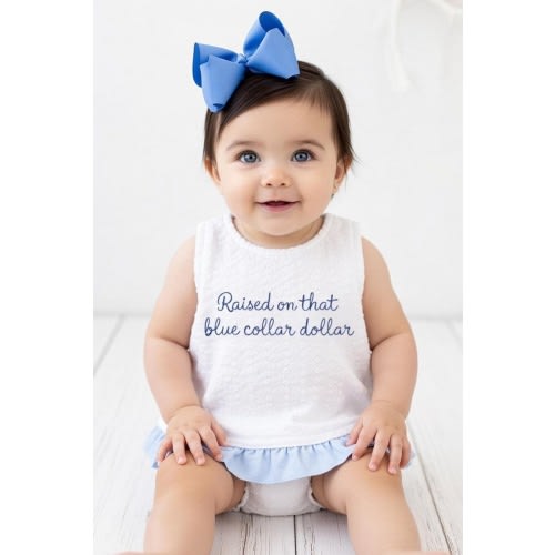 Raised on Blue Collar Dollar Bloomer Set | Southern Baby Girl Outfit, Blue Ruffle Trim