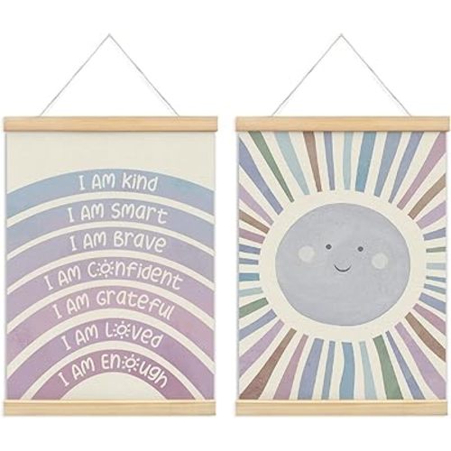 foedor Nursery Kids Room Bedroom Wall Art Decor Boho Cute Positive Affirmations Wall Decor for Toddler Baby Girls Room Classroom Calming Corner Playroom Bathroom Wooden Poster Frames 12x16