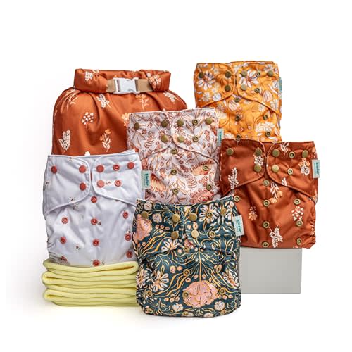 Kinder Cloth Diapers Reusable Baby Diapers Pocket Style Athletic Wicking Jersey, Bamboo Viscose Inserts, Wet Bag, Newborn to Potty Training 7-60lbs, One Size (Boho Florals, 5 Pack, with Inserts)
