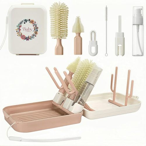 Pevxuoleo 8-in-1 Baby Bottle Brush Set with Drying Rack, Portable Travel Bottle Cleaning Kit, Silicone Cleaner for Newborn Essentials, Nipple & Straw Brush, Soap Dispenser(Green)