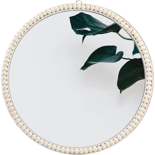 20 Inch Boho Beaded Round Mirror Wall Decor, Decorative Hanging Circle Nursery Mirrors for Girl Room, Farmhouse, Livingroom, Bedroom