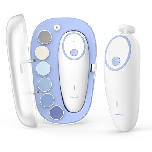 Momcozy Baby Nail File Electric, Gentle Baby Nail Trimmer Electric, Baby Nail Clipper with Night Light, 7 Grinding Head Replacement Pads, Blue