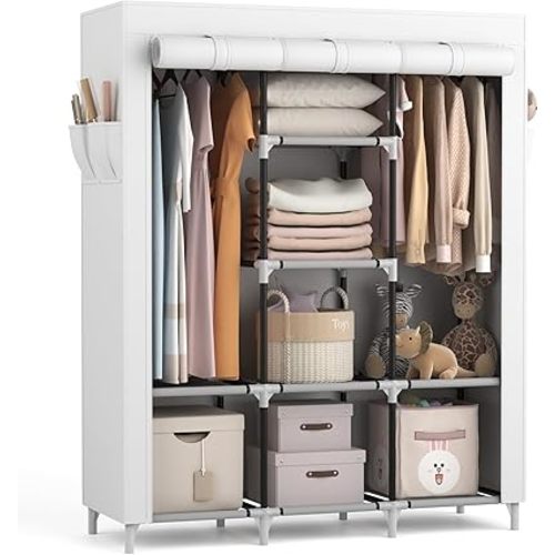 VTRIN Portable Closet Wardrobe for Hanging Clothes with 2 Hanging Rods and 8 Storage Organizer Shelves,Sturdy Large Wardrobe Closet for Bedroom Free Standing Clothes Rack with Cover,White