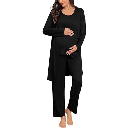 SWOMOG Women Maternity Nursing Robe Set 3 PCS Labor Delivery Breastfeeding Pajama Postpartum Pjs for Hospital Pregnancy
