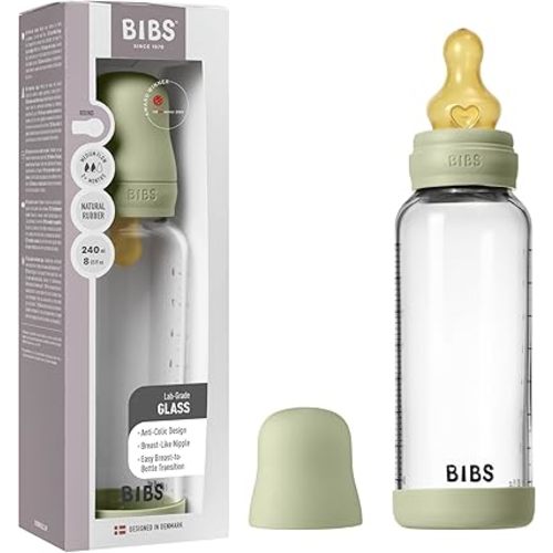 BIBS Baby Glass Bottle. 8 US fl oz / 240 ml. Anti-Colic. Vented Round Natural Rubber Latex Nipple. Supports Natural Breastfeeding, Medium Flow, Complete Set - Sage