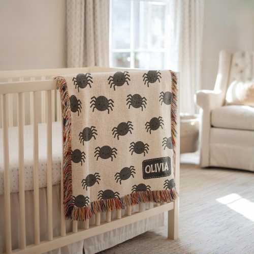 Personalized Spider Halloween Blanket, Spooky Baby Name Throw, Black Creepy Cute Fall Blanket, Custom Toddler Gift, Boo Nursery Decor