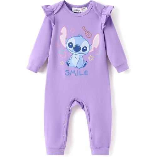 Disney Stitch Princess Cinderella Ariel Minnie Winnie Baby Girls Ruffle Long Sleeve Romper Bodysuit for Newborn to Toddler