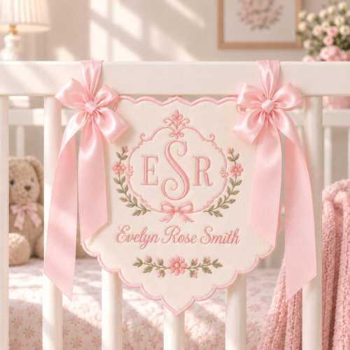 Embroidered Baby Girl Hospital Banner, Monogram Nursery Decor, Baby Shower Gift, Birth Stats Tag, Newborn Birth Announcement