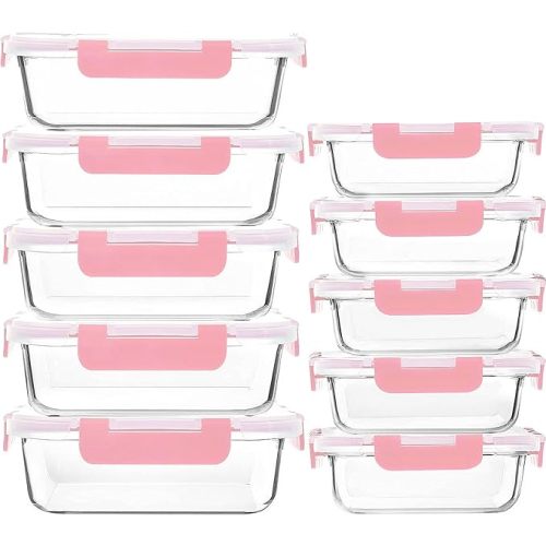 M MCIRCO [10-Pack Meal Prep Containers with Snap Locking Lids, Glass Airtight Lunch, Food Storage Containers, Microwave, Oven, Freezer and Dishwasher Friendly, Pink