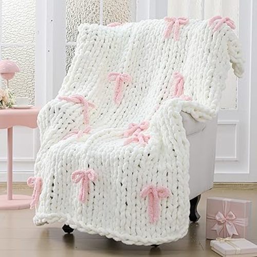 Pink Bow Chunky Knit Blanket Throw Large 50" X 60" 100% Handmade Cream Chenille Loop Yarn Fluffy Soft Knitted Throw Big Cozy Thick Cable Knit Crochet Blanket for Couch Sofa Bed