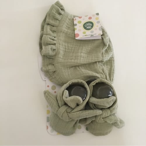 NEW Bonnet & Booties Set (0-6M) 100% Cotton Green with Bows | Little Me