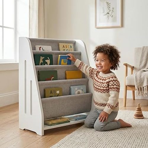 Wood Toddler Bookshelf Montessori Kids Baby Book Shelf Dutch Design 5Tier,Milkywhite