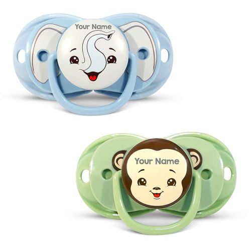 RaZbaby Keep-It-Kleen Baby Pacifier 2-Pack Closes When Dropped - BPA-Free Silicone Orthodontic Nipple, Ideal for Travel, Nipple Stays Clean, 0-36 Months - Monkey/Elephant - Personalized