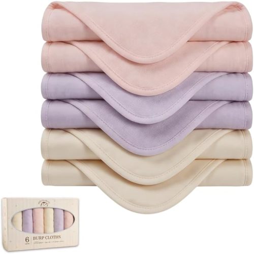Baby Burp Cloths, 6-Pack 100% Cotton Muslin, Soft Absorbent Durable, 22x10 Inches, CPC Certified, Gift-Ready (Nude, Purple, Light Pink)