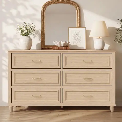 Cynthiana 6 Drawer 54" W Wood Dresser with Interlocking Drawer and Turned Legs
