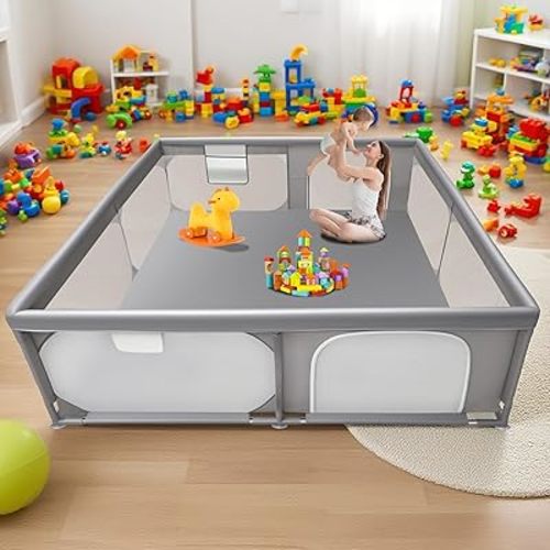 Baby Playpen 79"x79" Extra Large Play Pen for Babies and Toddlers, Safety Baby Play Yard & Fence with Dual Zipper Doors, Dual Storage Mesh Pockets, and Fully Transparent Sides