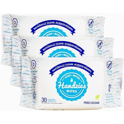 Handzies Natural Soap and Water Cleansing Towelettes - Free&Clear - 30ct Soft Pack - Bundle of 3 (90 total towelettes)