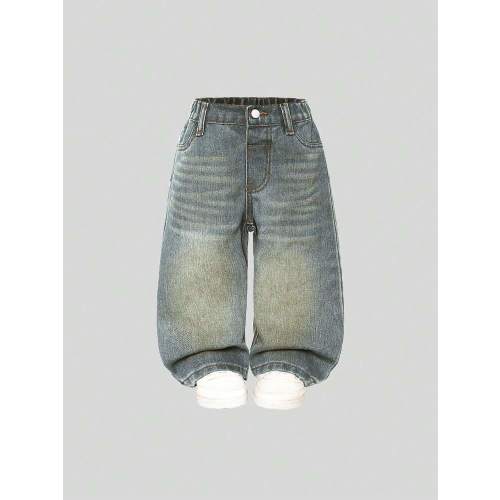 SHEIN Playful Pals Baby Girl Casual Versatile Simple Y2K Streetwear Distressed Loose Straight Washed Blue Comfortable Jeans, Suitable For Daily Wear | SHEIN USA