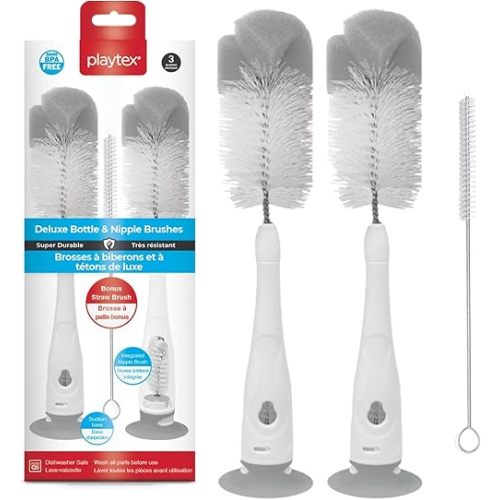 Playtex Baby Brosses de nettoyage de biberon et de tétine Deluxe – Ensemble de 3 brosses de nettoyage de biberon avec pointe en éponge, base aspirante et brosse à paille – Sans BPA et lavable au