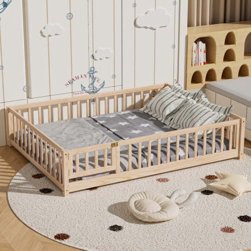 Full Floor Bed Frame, Montessori Floor Bed with Fence and Wood Slats, Natural