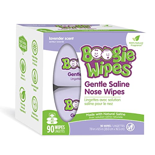 Saline Nose Wipes by Boogie, for Baby & Kids, Face, Hand & Body, FSA/HSA Eligible, Made with Vitamin E, Aloe, and Natural Saline, Lavender Scent, 90 Count (Pack of 1)