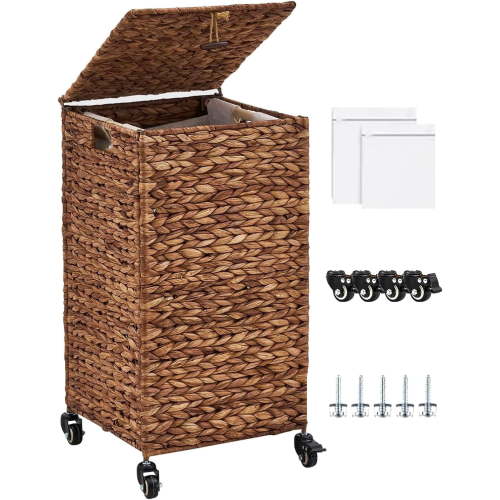 Casa Pura Furniture 65L Espresso Water Hyacinth Woven Laundry Hamper with Wheels, Lid & Removable Washable Liner, Large Clothes Storage Basket for Bathroom & Laundry Room